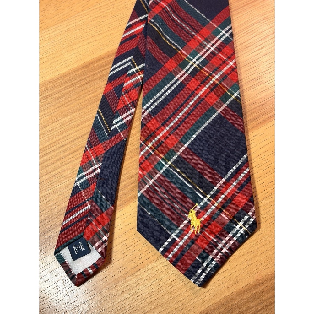 VTG Polo Ralph Lauren Red Tartan Cotton Tie w/ Logo Made in USA Preppy Old Money